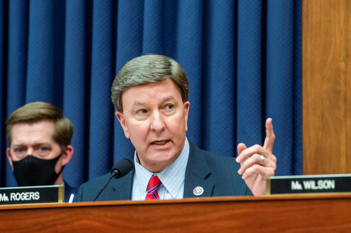 Rep. Mike Rogers (R-Ala.), ranking member of the House Armed Services Committee, gestures during a committee hearing in the Rayburn House Office Building in Washington, on Sept. 29, 2021. (Rod Lamkey/Reuters)