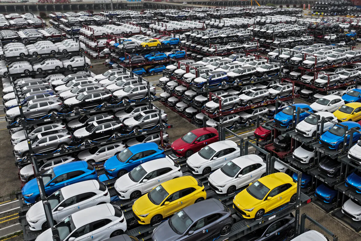 Electric cars for export stacked at the international container terminal of Taicang Port in Suzhou, in China's eastern Jiangsu Province, on April 16, 2024. (STR/AFP via Getty Images)
