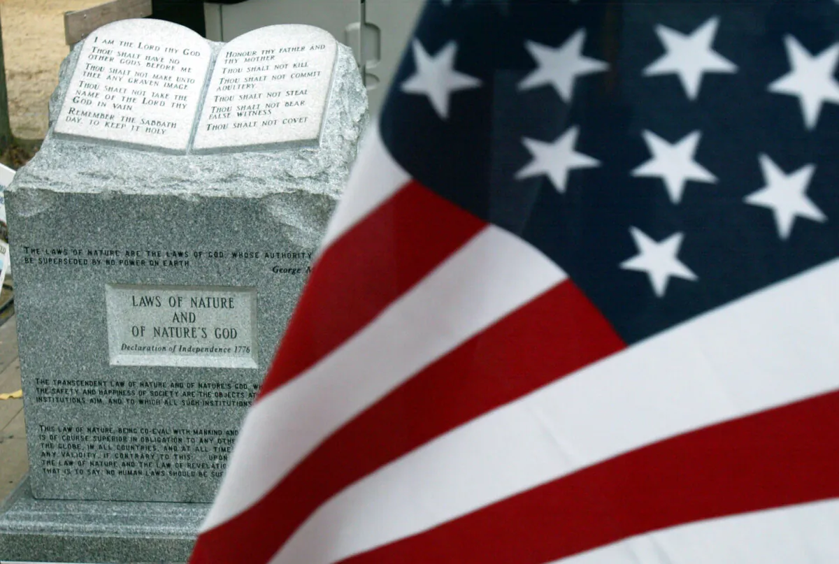 In this file phot taken in 2002, the Ten Commandments monument is on display during the "America for Jesus" rally at the National Mall in Washington, DC. (Alex Wong/Getty Images)