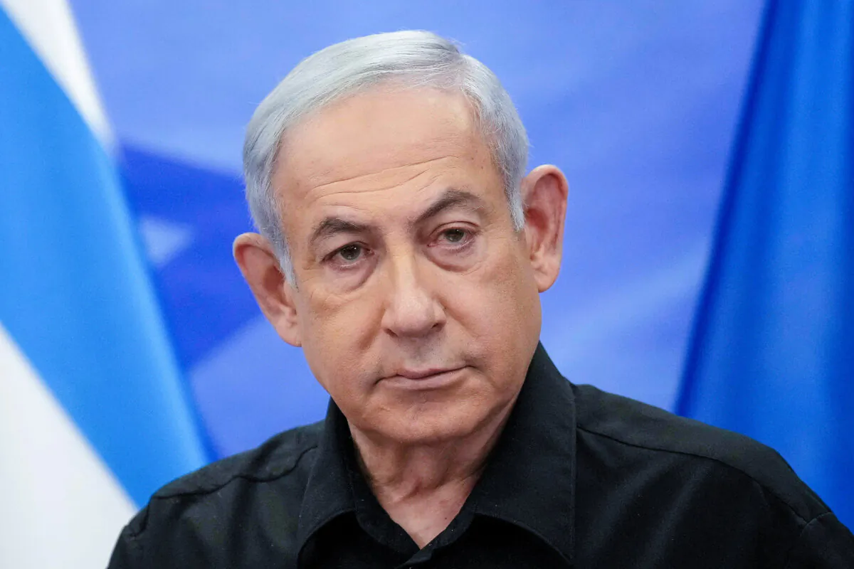 Israeli Prime Minister Benjamin Netanyahu addresses media during a joint press conference with French President in Jerusalem, Israel, on Oct. 24, 2023. (Christophe Ena/Pool/AFP via Getty Images)