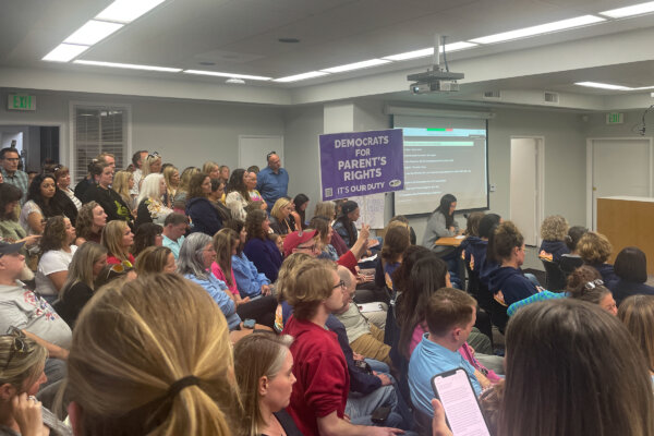 Full house at the Encinitas Union School District board meeting on May 21, 2024. The crowd packed the boardroom, and a similar number were outside following a live stream. (Sophia Fang/The Epoch Times)