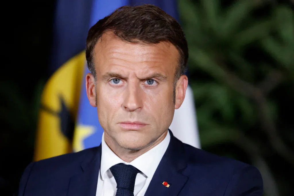 France's President Emmanuel Macron delivers a speech at New Caledonia's High Commissioner residency in Noumea on May 24, 2024, during his trip to the Pacific archipelago in an attempt to resolve a political crisis. (Ludovic Marin/Pool/AFP via Getty Images)