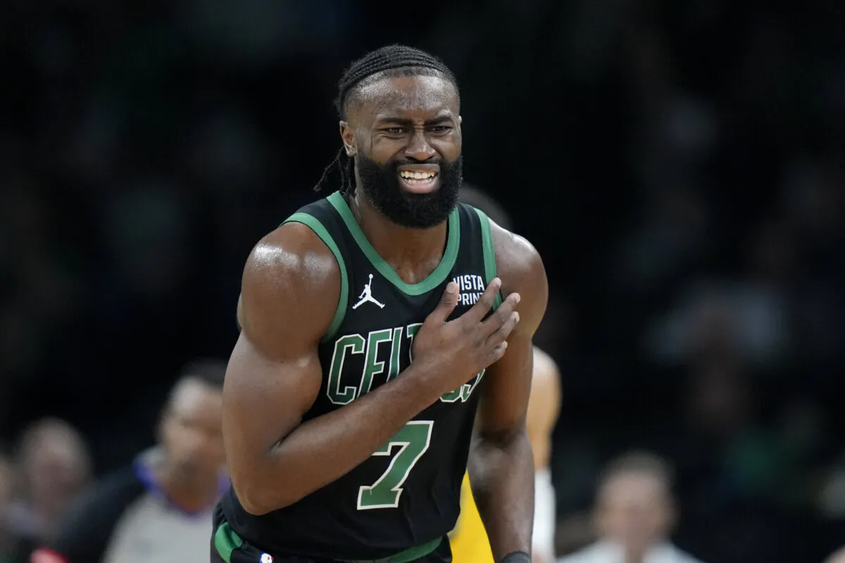 Boston Celtics guard Jaylen Brown reacts during Game 2 of the NBA Eastern Conference finals against the Indiana Pacers in Boston on May 23, 2024. (Steven Senne/AP Photo)