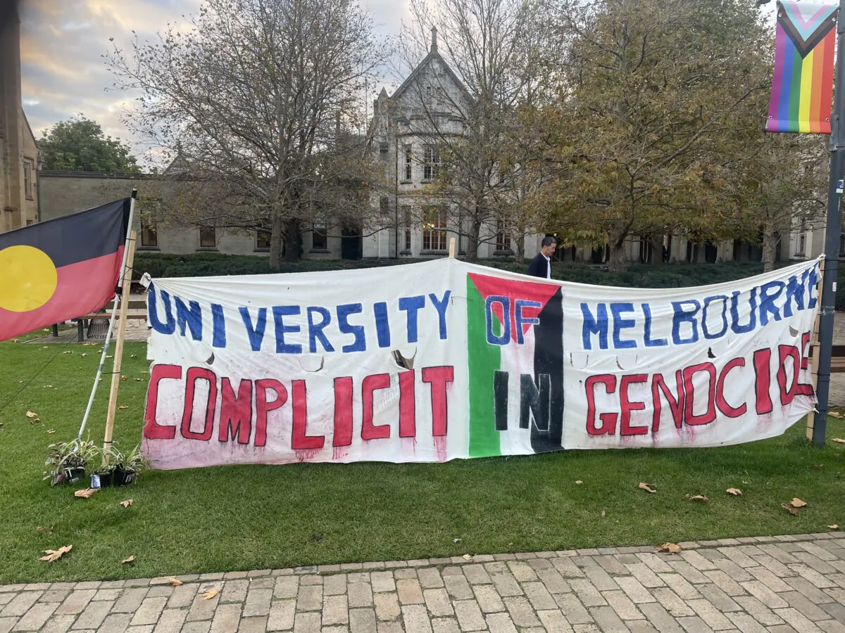 Pro-Palestine activists at Melbourne University believe their institution has been complicit in the Israel-Hamas war due to its funding arrangements with weapons corporations in Melbourne, Australia, on May 22. (Josh Spasaro/ The Epoch Times)