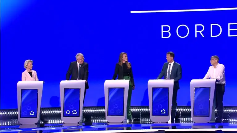 Lead candidates for the European Commission presidency, (L–R) European Commission President Ursula von der Leyen, European People's Party; Nicolas Schmit, Party of European Socialists; Terry Reintke, European Greens; Sandro Gozi, Renew Europe Now; and Walter Baier, European Left; face off in a live debate in Brussels on May 23, 2024. (Screenshot via Epoch Times, Reuters)
