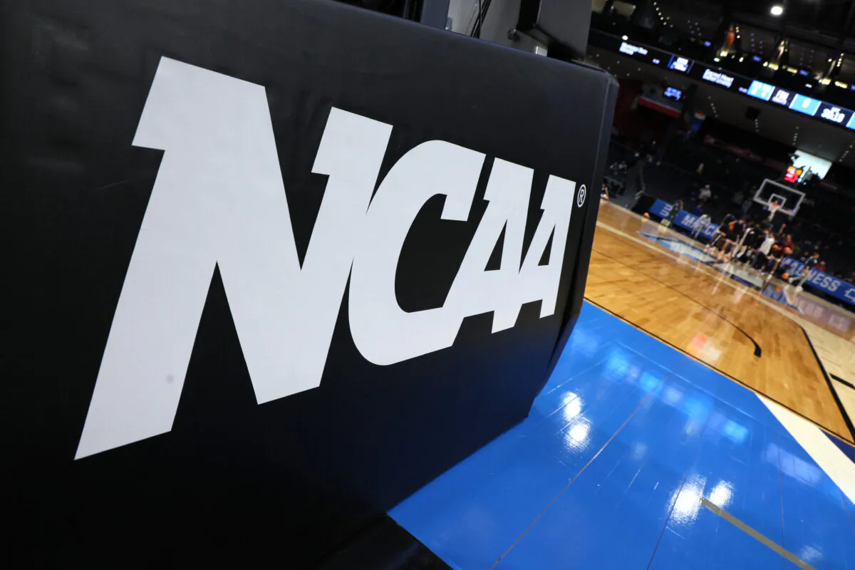 A detailed view of a NCAA logo is seen prior to a First Four game of the NCAA Men's Basketball Tournament at University of Dayton Arena in Dayton, Ohio., on March 15, 2023. (Andy Lyons/Getty Images)