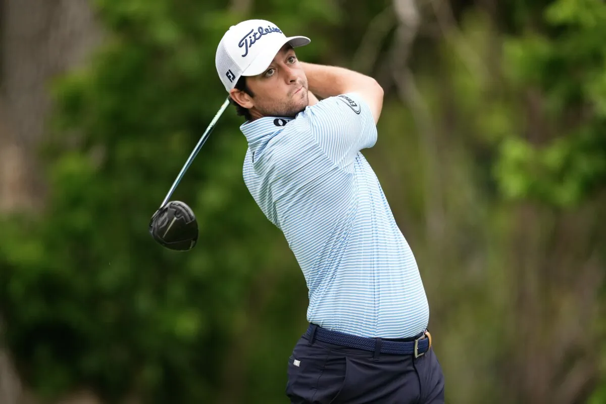 Davis Riley of the United States hits a tee shot on the sixth hole during the first round of the Charles Schwab Challenge at Colonial Country Club in Fort Worth, Texas, on May 23, 2024. (Sam Hodde/Getty Images)