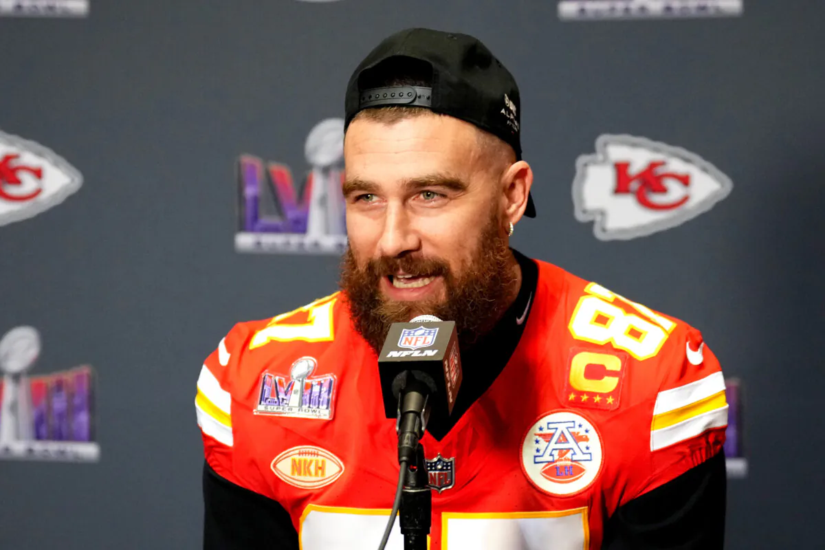Travis Kelce of the Kansas City Chiefs speaks to the media during Kansas City Chiefs media availability ahead of Super Bowl LVIII at Westin Lake Las Vegas Resort and Spa in Henderson, Nev., on Feb. 6, 2024. (Chris Unger/Getty Images)