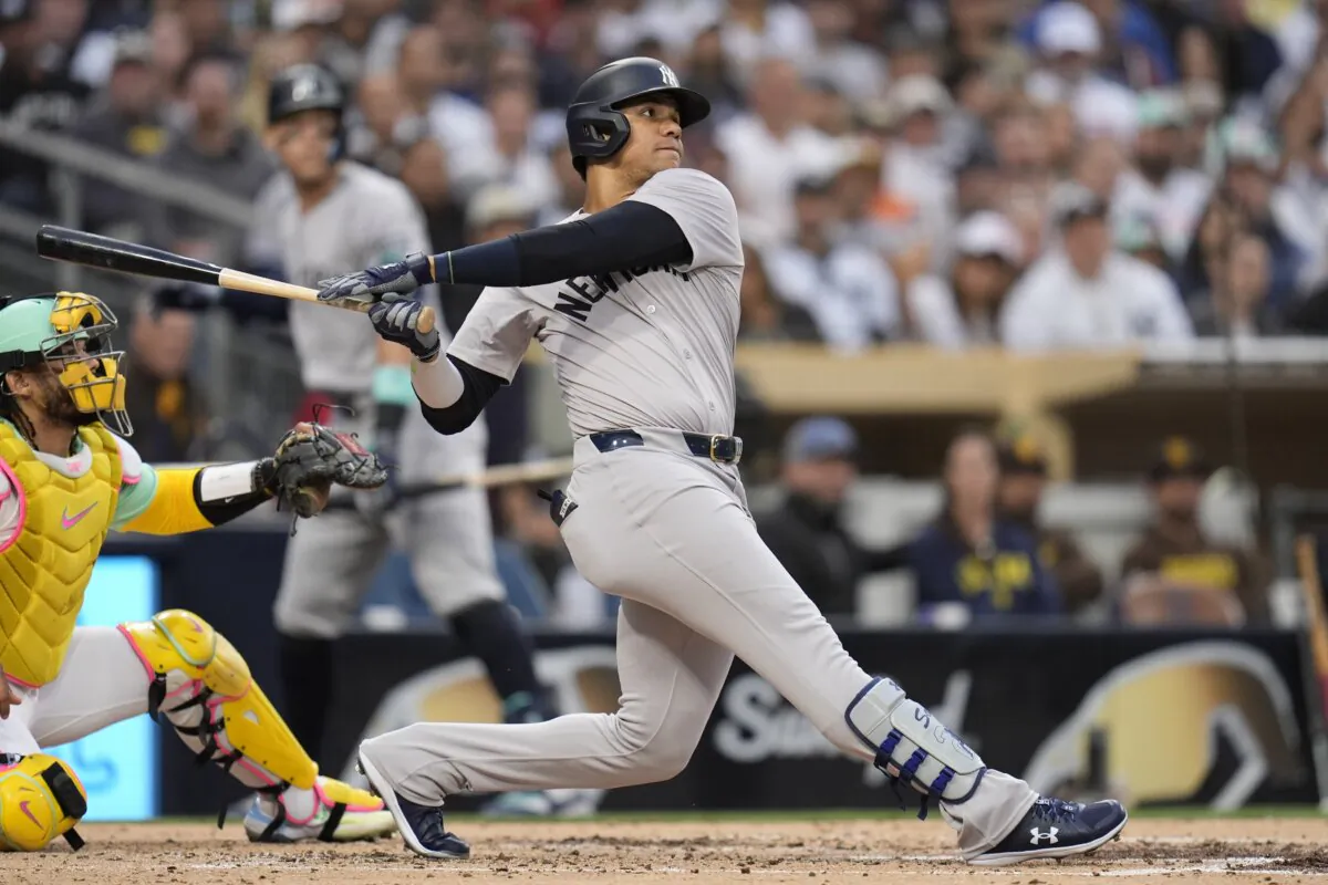 New York Yankees' Juan Soto watches his two-run home run during the third inning of a baseball game against the San Diego Padres in San Diego on May 24, 2024. (Gregory Bull/AP Photo)