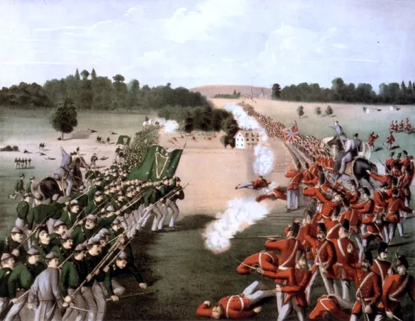 Depiction of the Fenian charge (L) under Gen. John O'Neill against the Canadian Militia at the Battle of Ridgeway near Fort Erie, Ont., on June 2, 1866. (Public Domain)