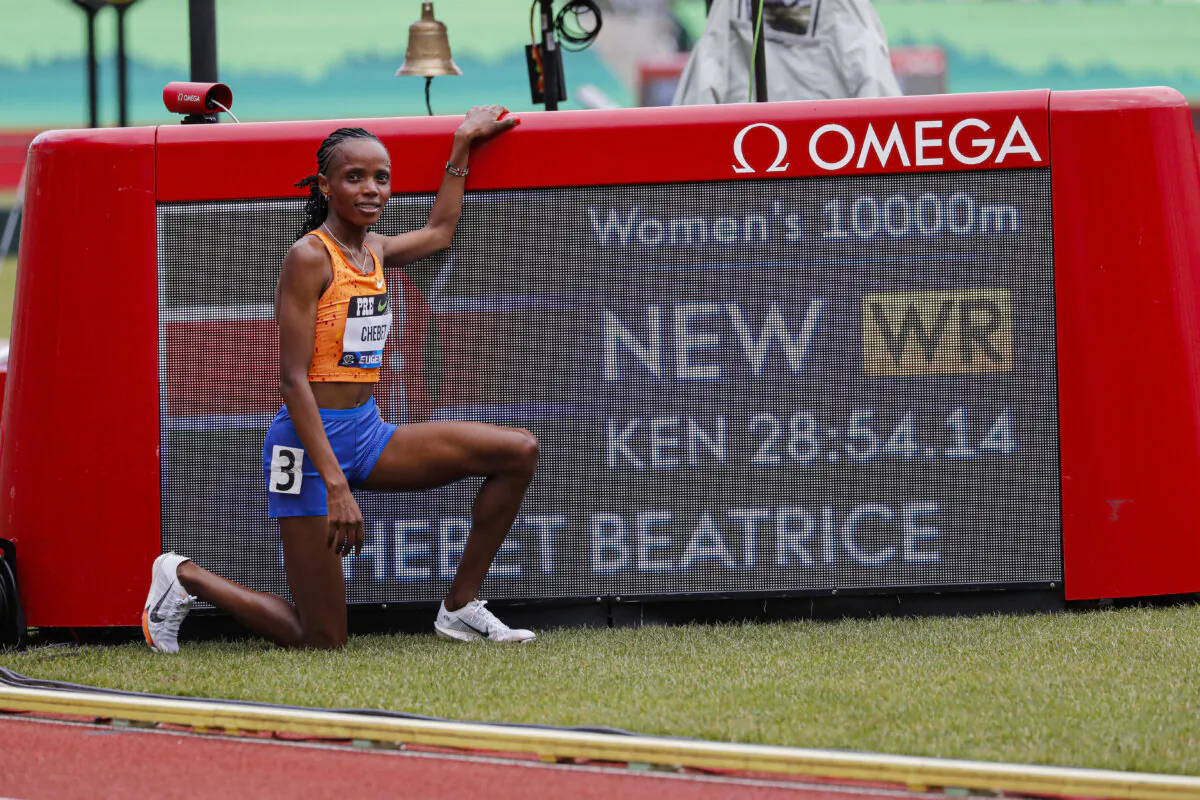 Beatrice Chebet of Kenya, sets a world record in the 10,000 with a time of 28:54.14, during the Prefontaine Classic track and field meet in Eugene, Ore., on May 25, 2024. (Thomas Boyd/AP Photo)