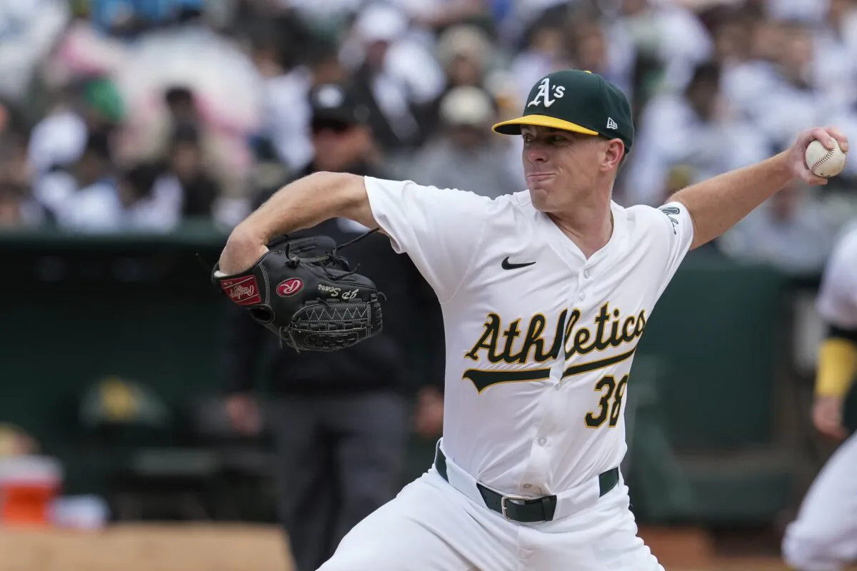 Oakland Athletics pitcher JP Sears throws to a Houston Astros batter during the first inning of a baseball game in Oakland, Calif., on May 25, 2024 (Godofredo A. Vásquez/AP Photo)