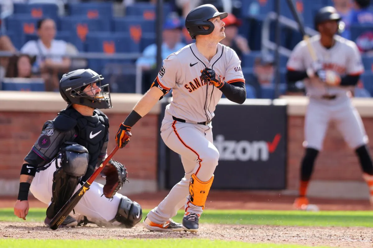 Mike Yastrzemski (5) of the San Francisco Giants hits a three run triple in the tenth inning against the New York Mets in New York City on May 25, 2024. (Mike Stobe/Getty Images)