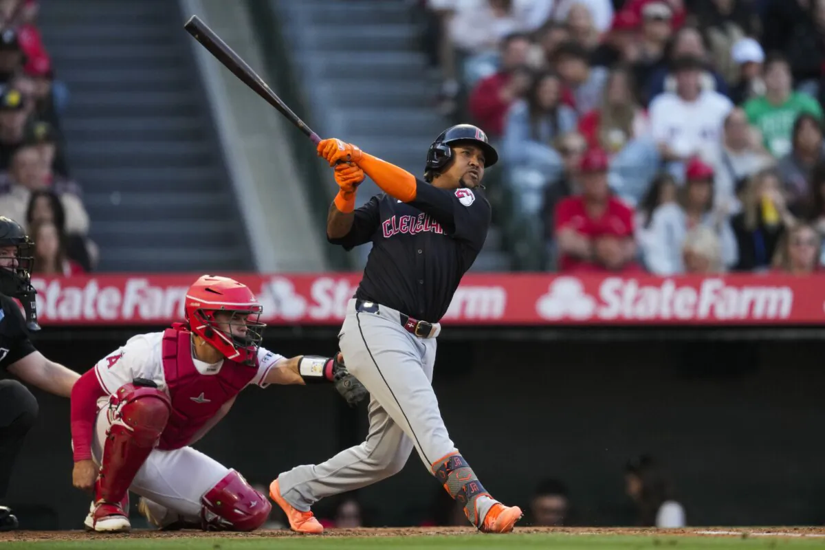 Cleveland Guardians' José Ramírez hits a home run during the third inning of a baseball game against the Los Angeles Angels in Anaheim, Calif., on May 25, 2024.  (Ashley Landis/AP Photo)