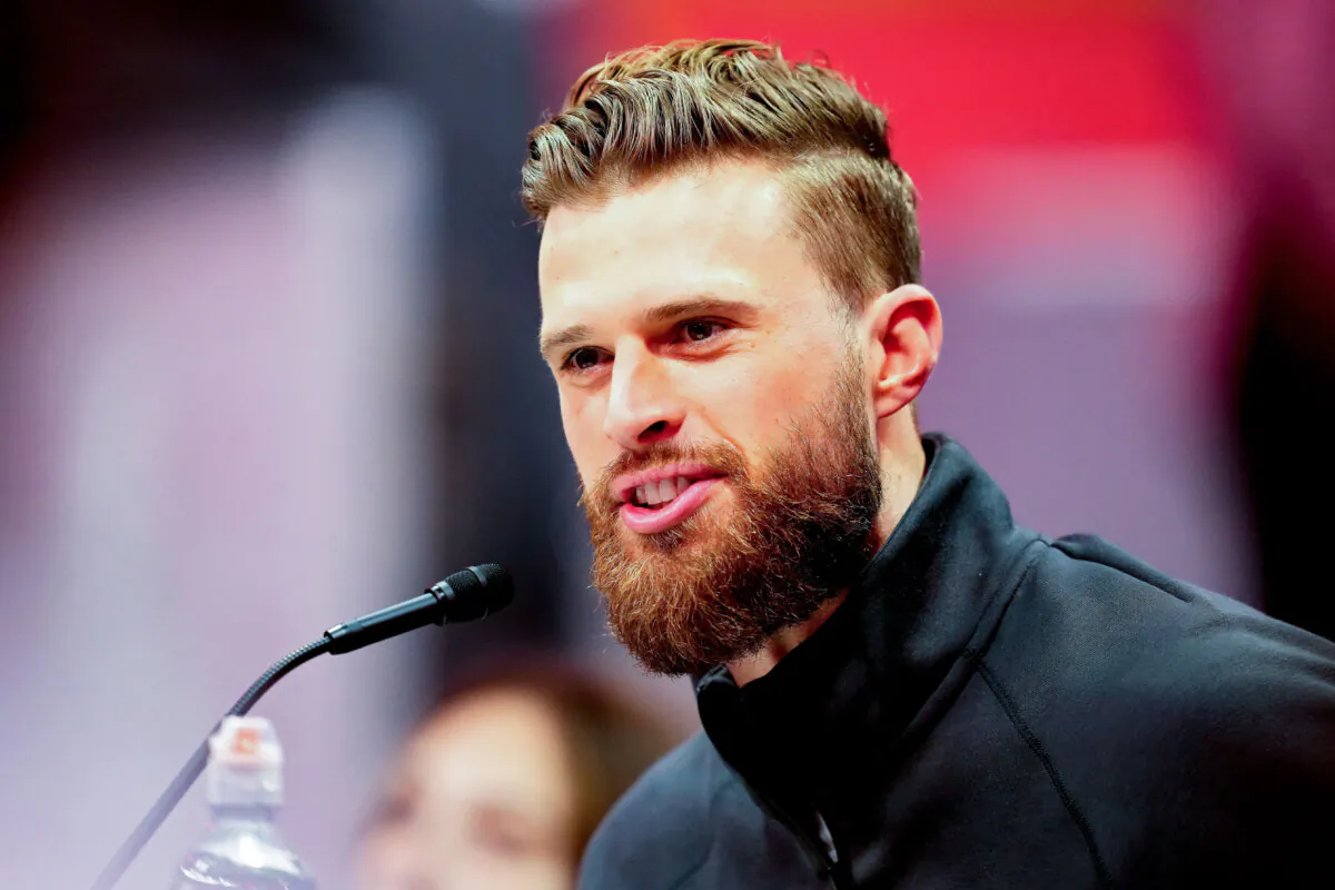 Harrison Butker of the Kansas City Chiefs speaks to the media during Super Bowl LVIII Opening Night at Allegiant Stadium in Las Vegas on Feb. 5, 2024. (Chris Unger/Getty Images)
