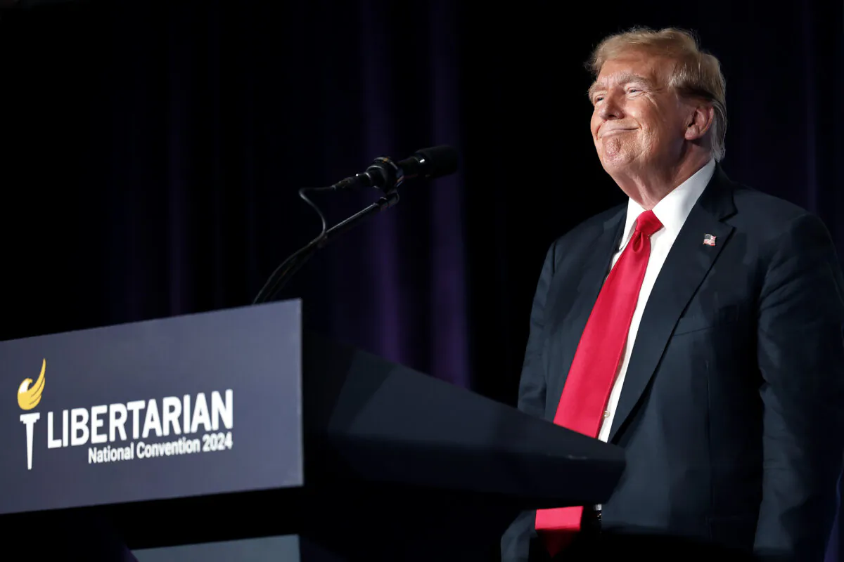 Former President and Republican presidential candidate Donald Trump addresses the Libertarian Party National Convention at the Washington Hilton in Washington on May 25, 2024. (Chip Somodevilla/Getty Images)
