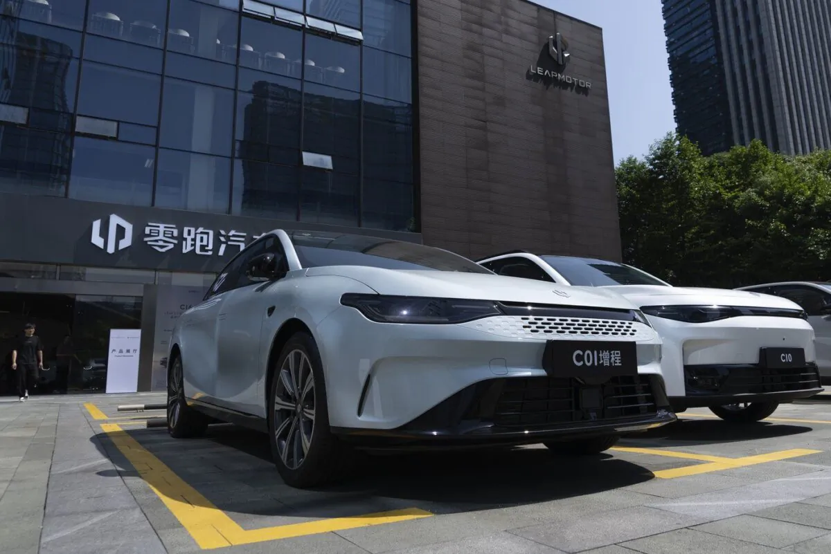 Leapmotor vehicles are parked outside a showroom in Hangzhou in eastern China's Zhejiang province on May 14, 2024. (The Canadian Press/AP-Caroline Chen)