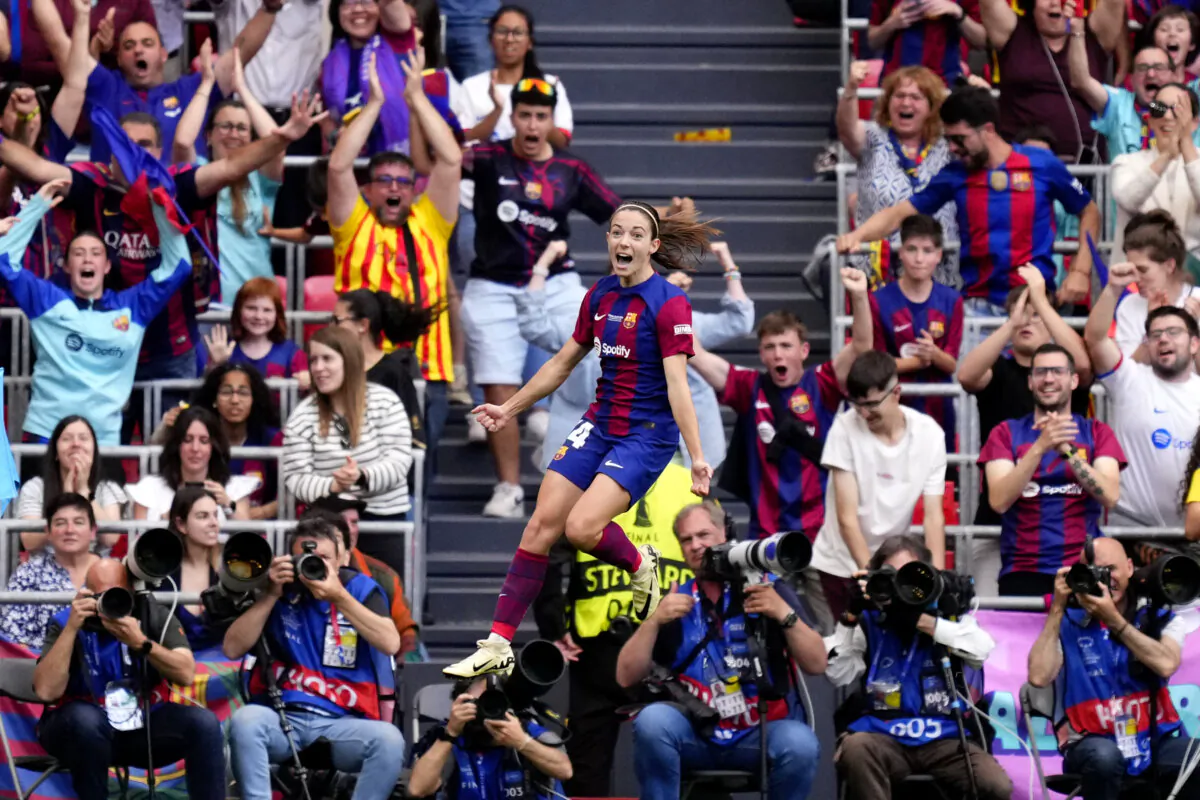 Barcelona's Aitana Bonmati celebrates scoring her side's first goal during the women's Champions League final soccer match between FC Barcelona and Olympique Lyonnais at the San Mames stadium in Bilbao, Spain, on May 25, 2024. (Jose Breton/AP Photo)