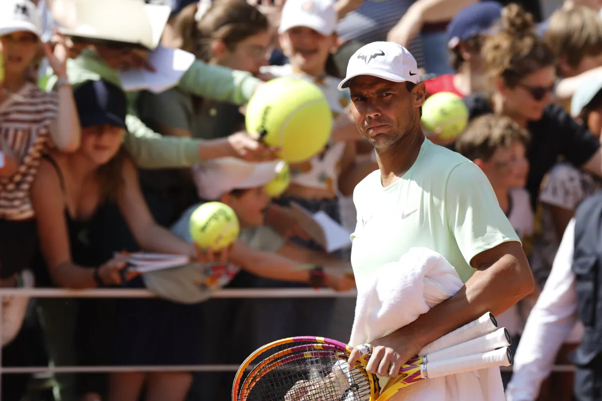 Spain's Rafael Nadal arrives for a training session at the Roland Garros stadium in Paris on May 25, 2024. (Jean-Francois Badias/AP Photo)