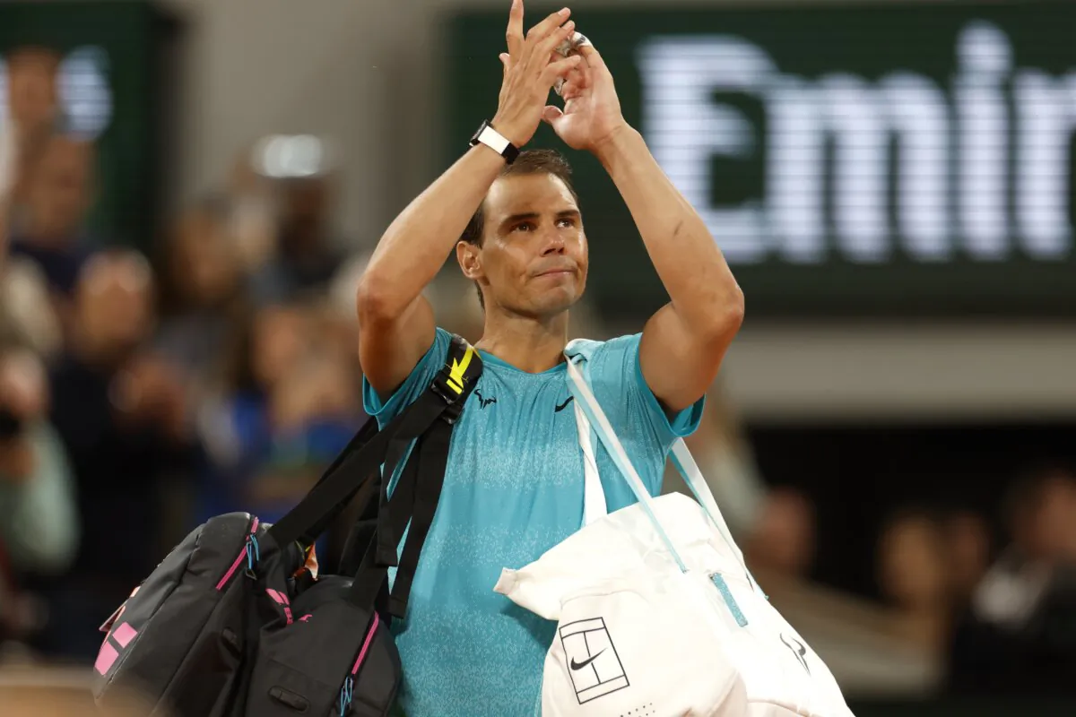 Spain's Rafael Nadal waves as he leaves the court after losing against Germany's Alexander Zverev during their first round match of the French Open tennis tournament at the Roland Garros stadium in Paris on May 27, 2024. (Jean-Francois Badias/AP Photo)