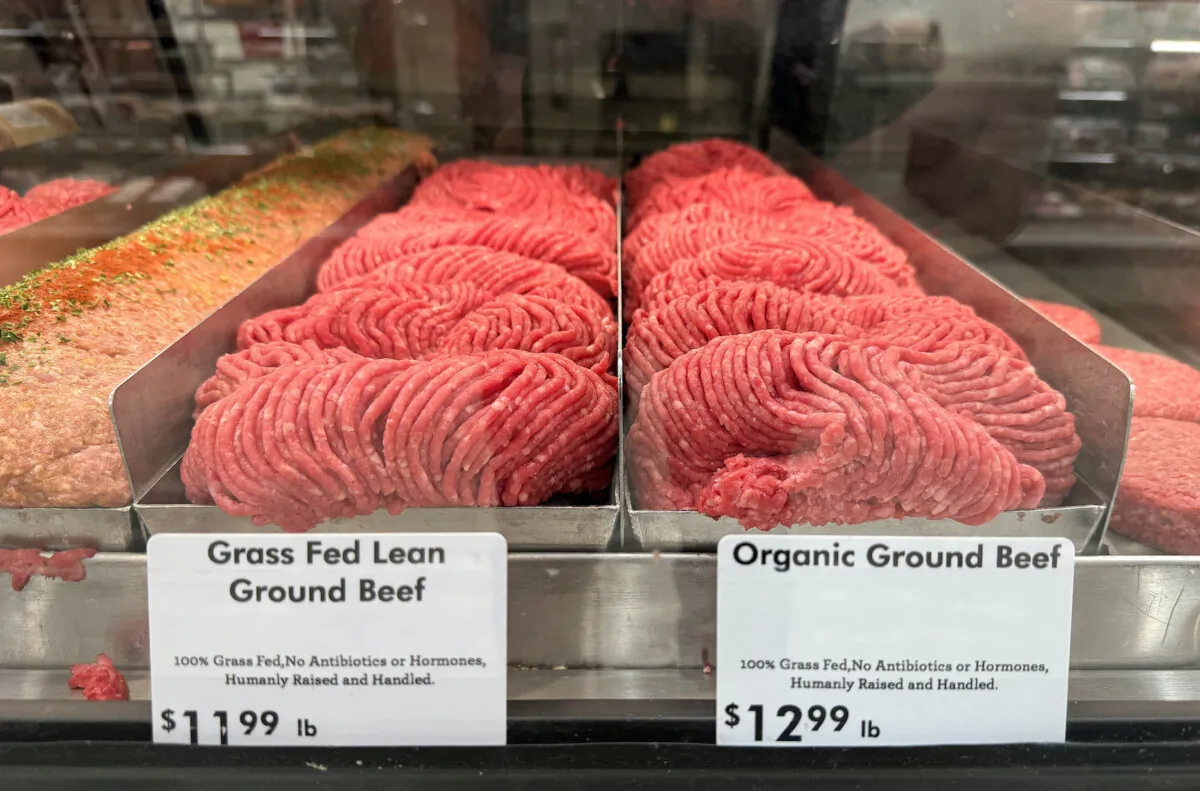 Ground beef is displayed at a butcher shop in Greenbrae, Calif., on May 2, 2024. (Justin Sullivan/Getty Images)