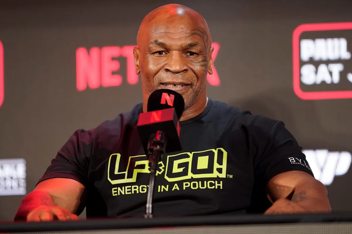 Mike Tyson speaks during a news conference promoting his upcoming boxing bout against Jake Paul in Arlington, Texas on May 16, 2024. (Sam Hodde/AP Photo)