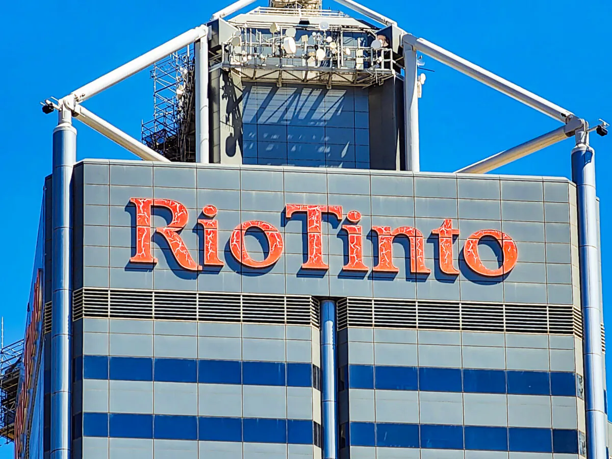 A Rio Tinto sign on a building in Perth, Western Australia, on March 18, 2024. (Susan Mortimer/The Epoch Times)