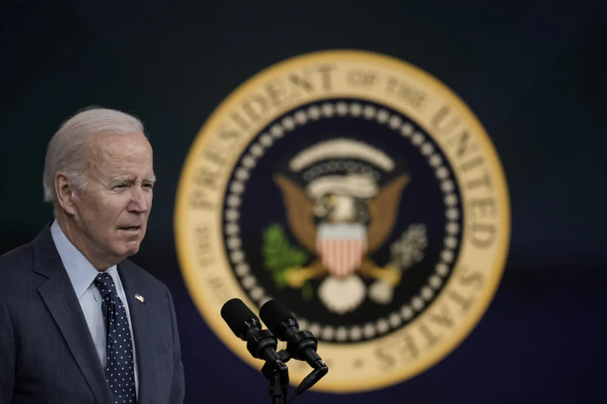 U.S. President Joe Biden speaks about the U.S. response to the high-altitude Chinese balloon and three other objects that were shot down by the U.S. military over American airspace, in the South Court Auditorium at the White House complex in Washington on Feb. 16, 2023. (Drew Angerer/Getty Images)