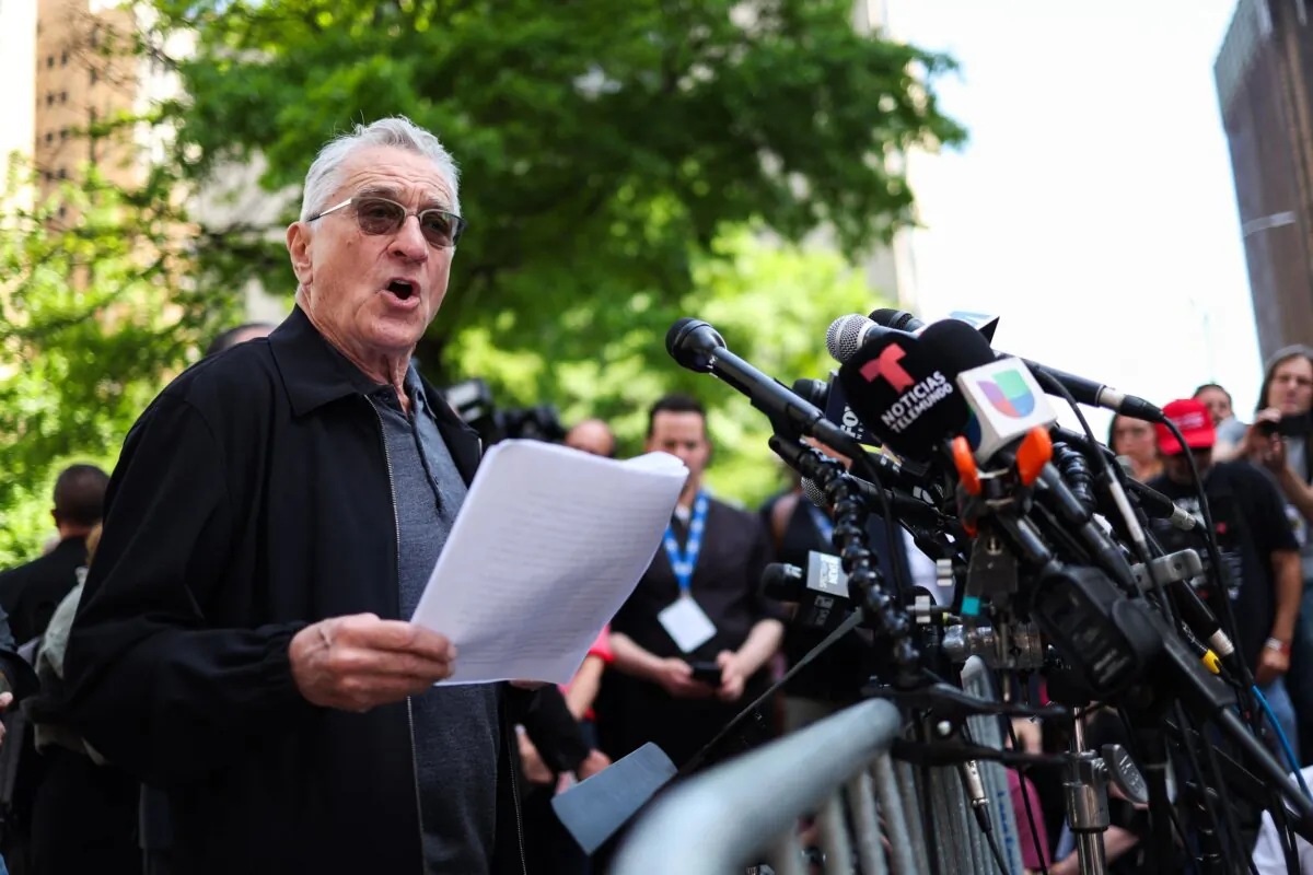 Actor Robert De Niro speaks in support of President Joe Biden outside of the Manhattan Criminal Courthouse as former President and Republican presidential candidate Donald Trump attends his criminal trial in New York City on May 28, 2024. (Charly Triballeau/AFP via Getty Images)