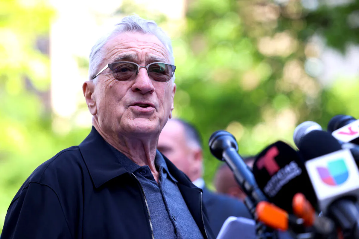 Actor Robert De Niro speaks in support of President Joe Biden outside of Manhattan Criminal Court as former President and Republican presidential candidate Donald Trump attends his criminal trial in New York on May 28, 2024. (Charly Triballeau/AFP via Getty Images)