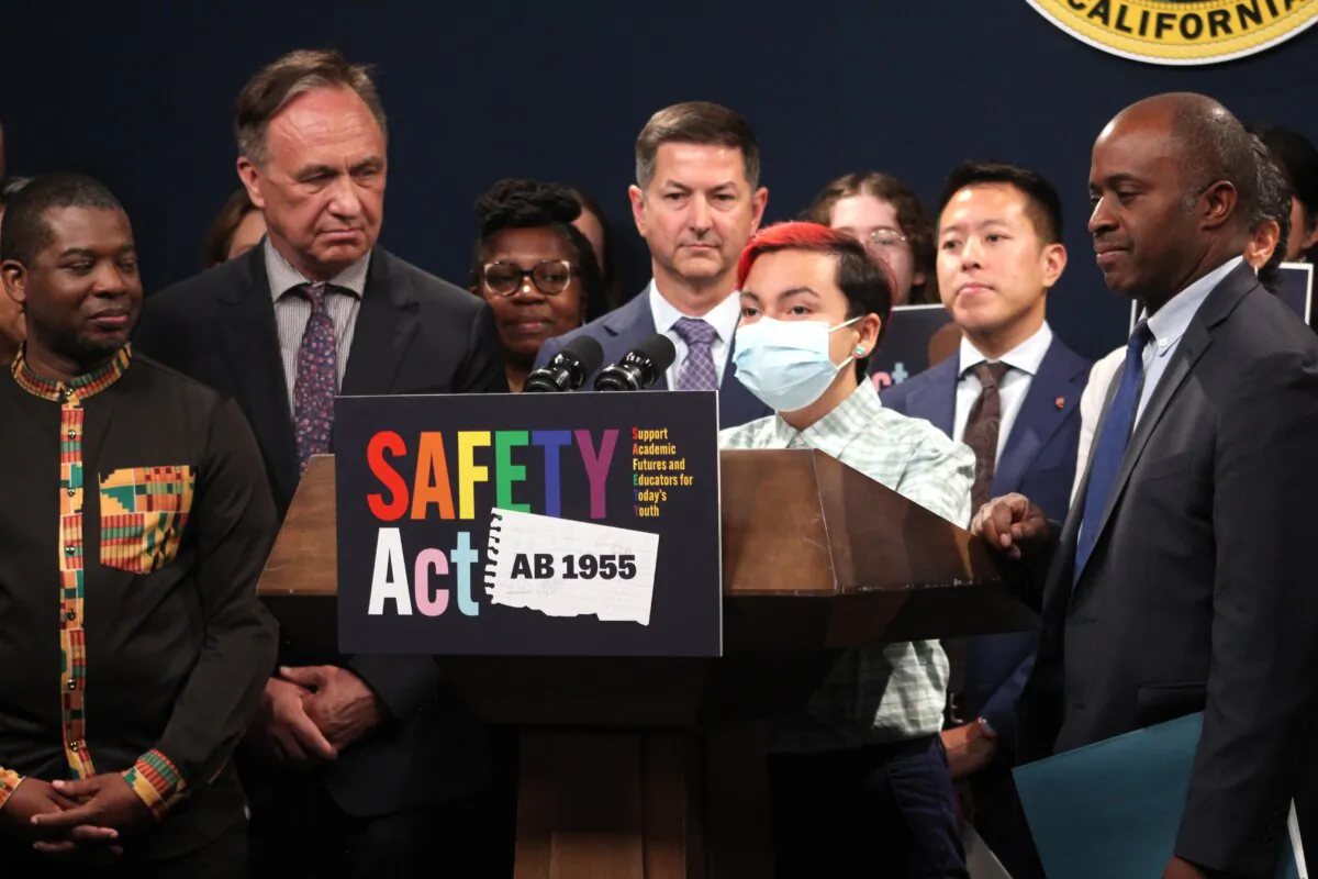 A transgender individual speaks at a press conference in support of Assembly Bill 1955 in Sacramento, Calif., on May 22, 2024. (Courtesy of the Office of Assemblyman Chris Ward)