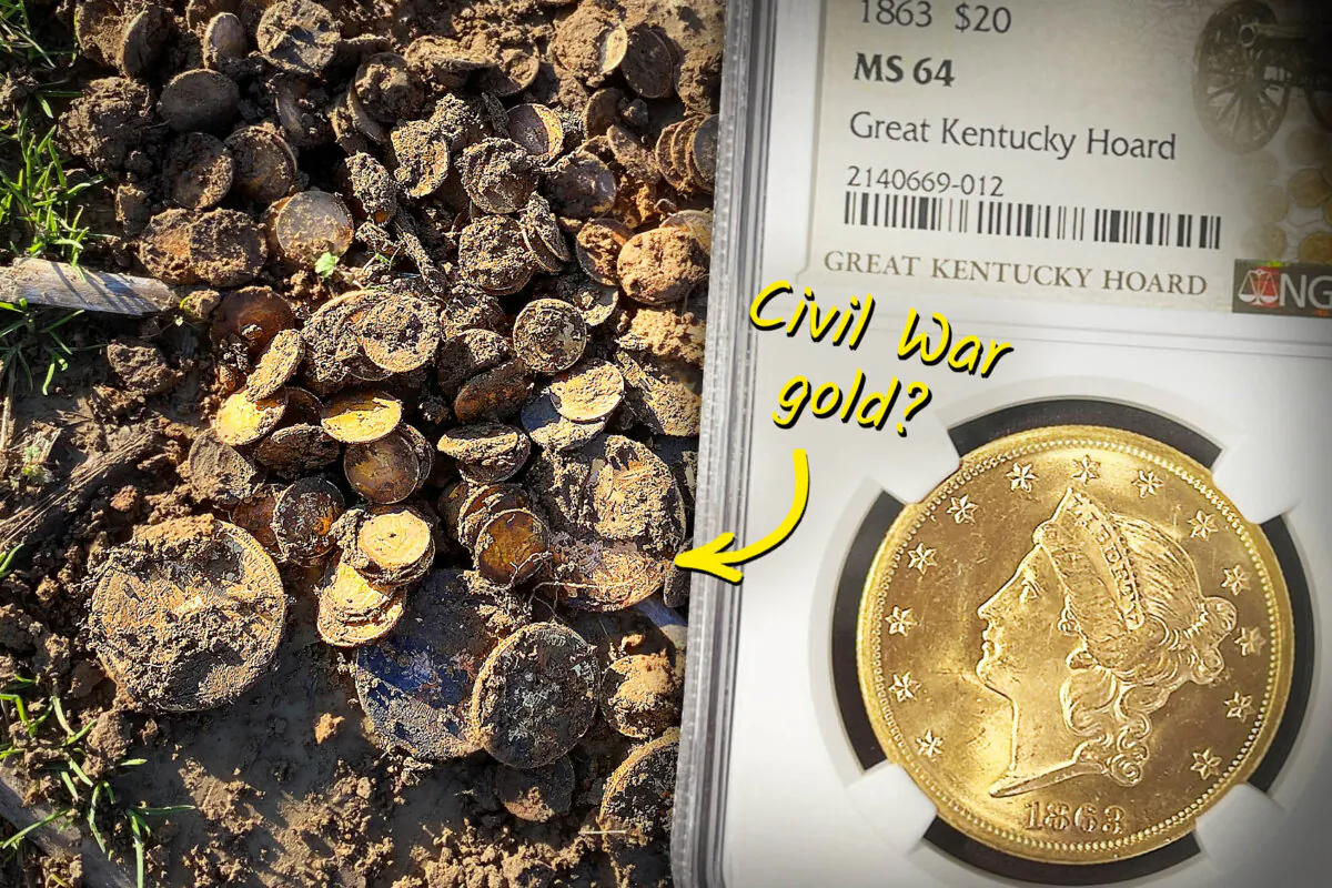 A hoard of Civil War-era gold coins found in Kentucky in late 2023. (Courtesy of Jeff Garret and Numismatic Guaranty Company)