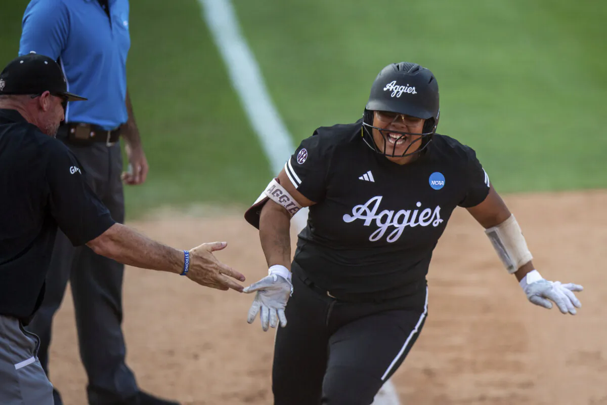 Texas A&M's Mya Perez celebrates after a three-run home run against Texas in Austin, Texas on May 25, 2024. (Meredith Seaver/College Station Eagle via AP)