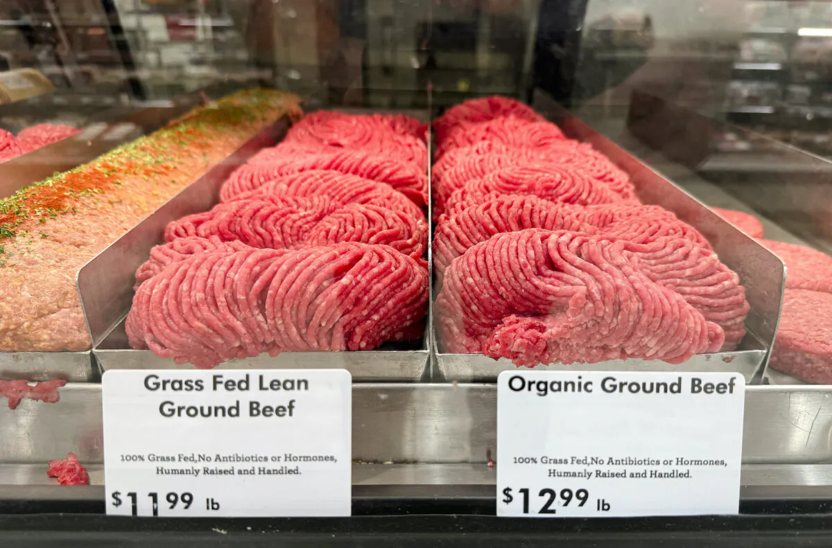 Ground beef is displayed at a butcher shop in Greenbrae, Calif., on May 2, 2024. (Justin Sullivan/Getty Images)