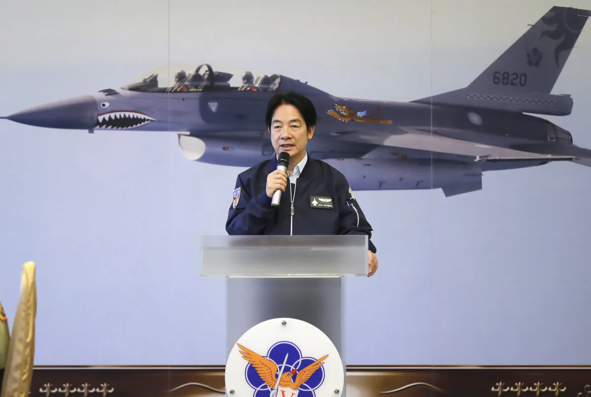 President Lai Ching-te delivers a speech as he visits the Taiwanese Air Force in Hualien County, Taiwan, on May 28, 2024. (Chiang Ying-ying/AP Photo)