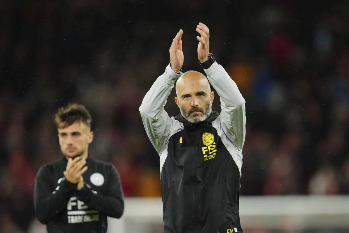 Leicester's head coach Enzo Maresca applauds fans at the end of the English League Cup third round soccer match between Liverpool and Leicester City at the Anfield stadium in Liverpool, England, on Sept. 27, 2023. (Jon Super/AP Photo)