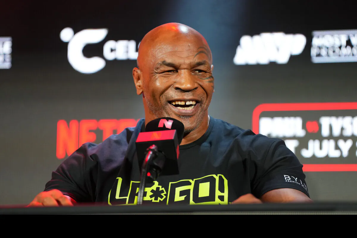 Mike Tyson speaks onstage during the Jake Paul vs. Mike Tyson Boxing match Arlington press conference at Texas Live! in Arlington, Texas, on May 16, 2024. (Cooper Neill/Getty Images for Netflix)