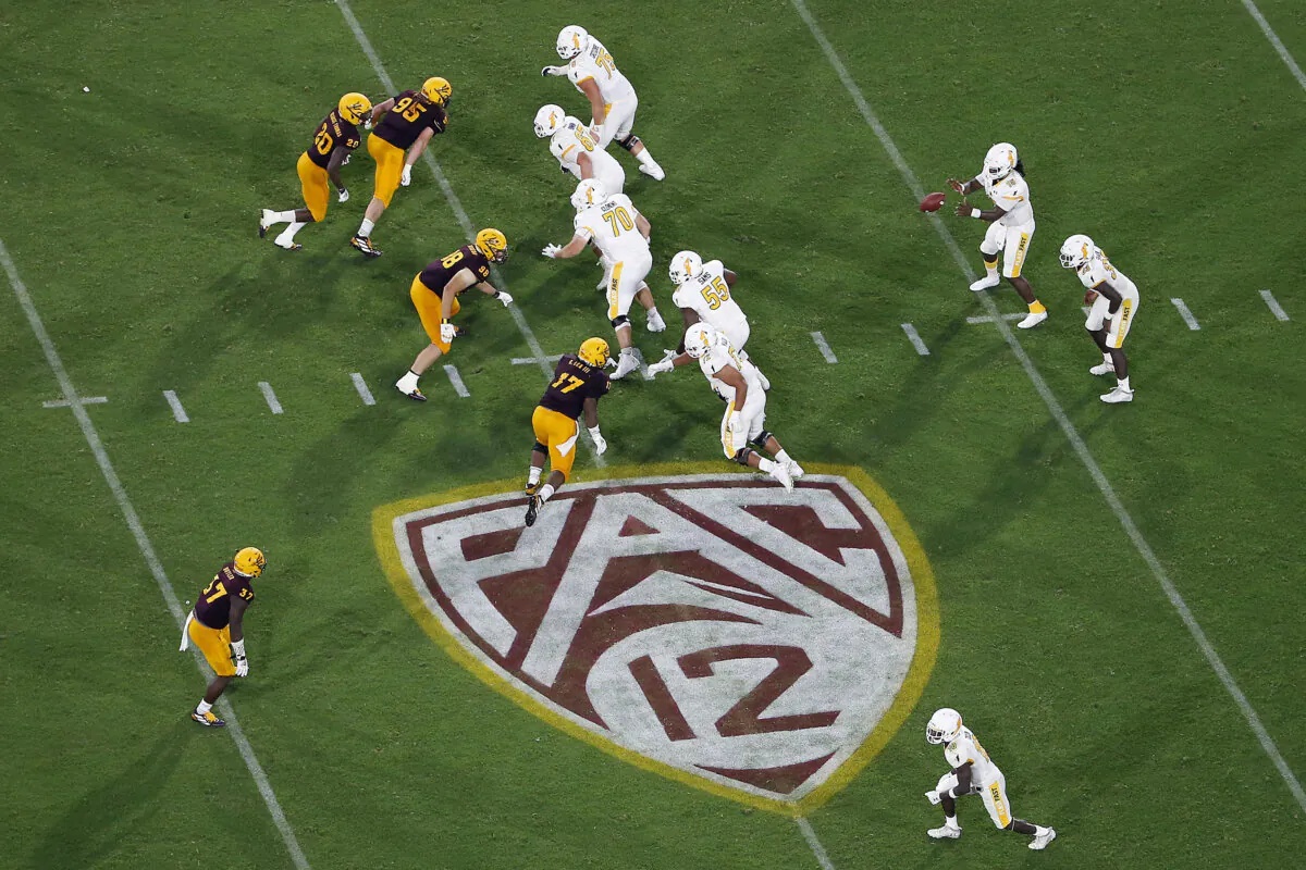 The Pac-12 logo is shown during the second half of an NCAA college football game between Arizona State and Kent State in Tempe, Ariz. on Aug. 29, 2019. (Ralph Freso/AP Photo)