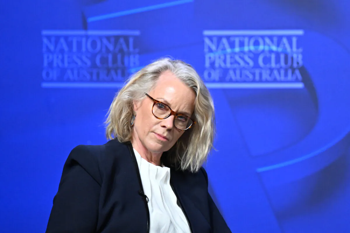 President of the National Press Club Laura Tingle listens to Shadow Treasurer Angus Taylor during his address at the National Press Club of Australia in Canberra, Australia on May 22, 2024. (AAP Image/Lukas Coch) 