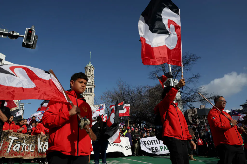 Protestors march down Queen Street in the Auckland CBD, protesting the Government's policies for Maori ahead of the Budget release in Auckland, New Zealand, on May 30, 2024. (Phil Walter/Getty Images)