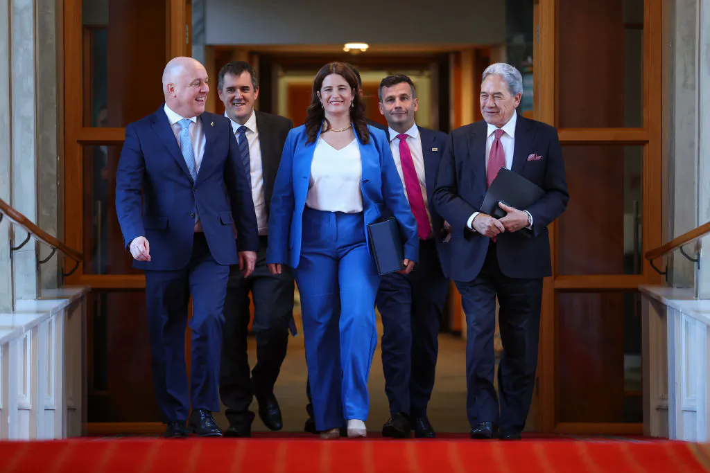 (L-R) Prime Minister Christopher Luxon, Associate Minister of Finance Chris Bishop, Minister of Finance Nicola Willis, ACT leader David Seymour and Deputy Prime Minister and NZ First Leader Winston Peters make their way to the house during budget day 2024 at Parliament in Wellington, New Zealand, on May 30, 2024. (Hagen Hopkins/Getty Images)