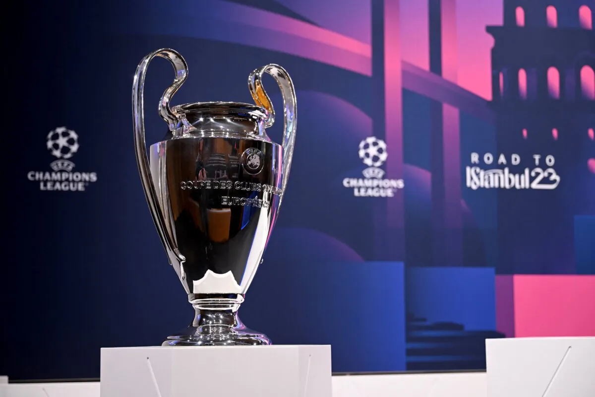 The UEFA Champions League trophy is pictured before the draw for the round of 16 of the 2022–23 UEFA Champions League football tournament in Nyon, Switzerland, on Nov. 7, 2022. (Fabrice Coffrini/AFP via Getty Images)