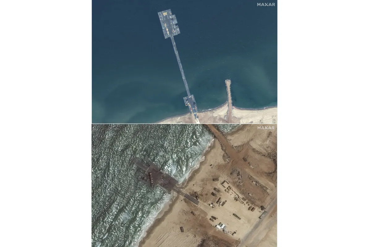(Top) The newly completed pier on the Gaza Strip on May 18, 2024. (Bottom) The remaining section of the temporary pier on May 29, 2024. (Satellite images ©2024 Maxar Technologies via AP)