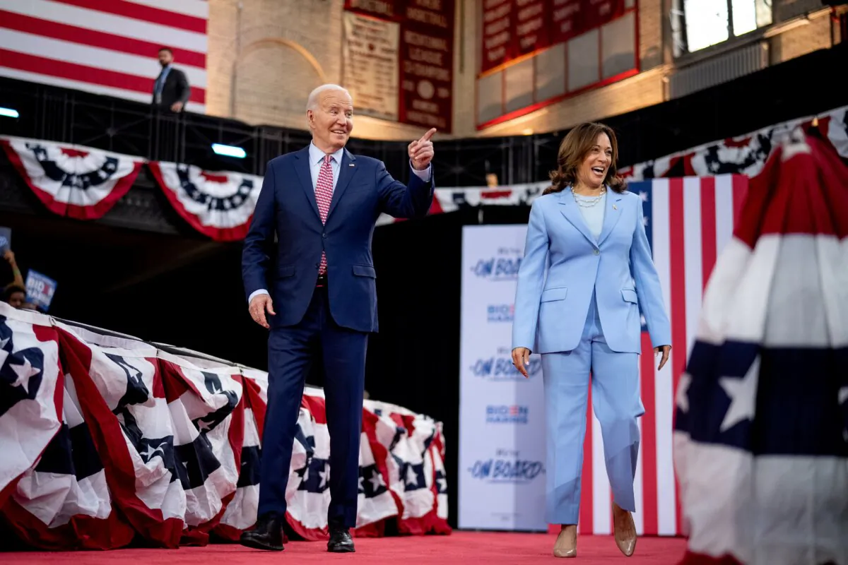 President Joe Biden (L) and Vice President Kamala Harris (R) take the stage at a campaign rally at Girard College in Philadelphia, on May 29, 2024. (Andrew Harnik/Getty Images)