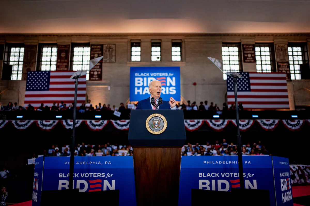 U.S. President Joe Biden speaks during a campaign rally at Girard College in Philadelphia, Pa, on May 29, 2024. President Biden and U.S. Vice President Kamala Harris were using the rally to launch a nationwide campaign to court black voters, a group that has traditionally come out in favor of President Biden, but their support is projected lower than it was in 2020. (Andrew Harnik/Getty Images)