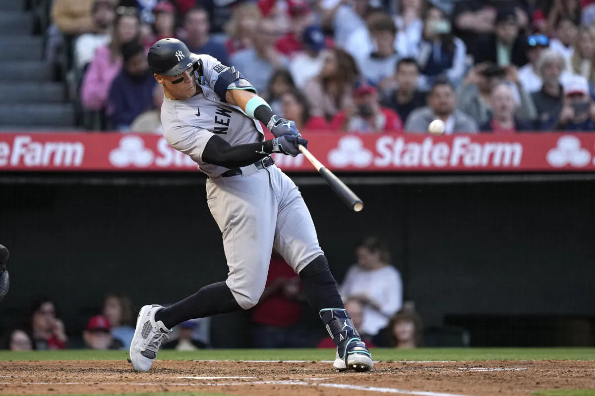 Aaron Judge of the New York Yankees connects for a two-run home run against the Los Angeles Angels in Anaheim, Calif., on May 30, 2024. (Mark J. Terrill/AP Photo)