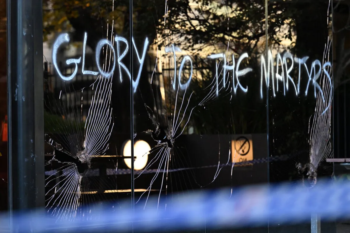Damage is seen to the exterior of the U.S. Consulate General in Melbourne in Australia on May 31, 2024. (AAP/James Ross)