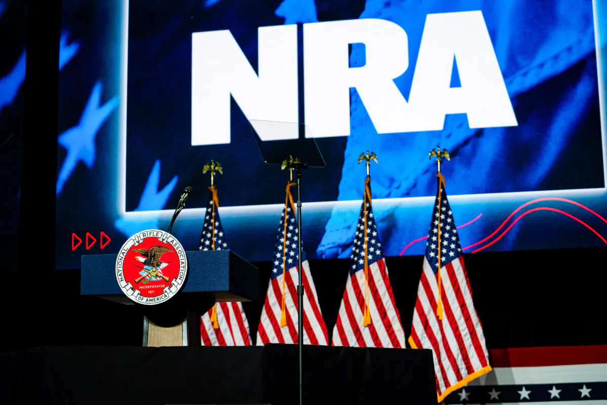 The stage for the National Rifle Association Presidential Forum in Harrisburg, Pa., on Feb. 9, 2024. (Madalina Vasiliu/The Epoch Times)