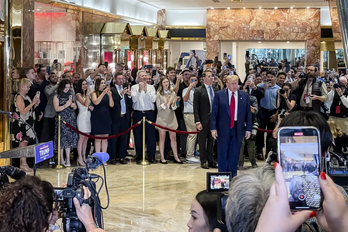 Former President Donald Trump arrives to speak to media at Trump Tower, a day after he was found guilty on all 34 felony counts, in New York City on May 31, 2024. (Richard Moore/The Epoch Times)
