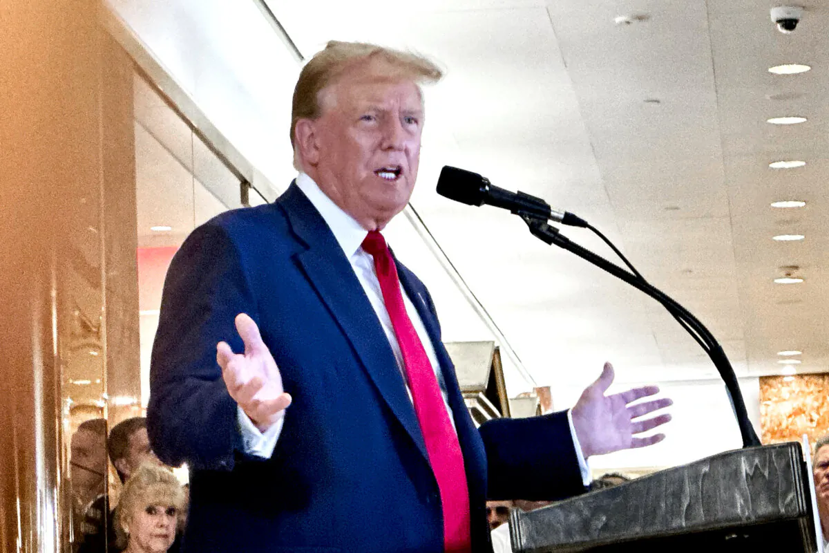 Former President Donald Trump speaks to media at Trump Tower, a day after he was found guilty on all 34 felony counts, in New York City on May 31, 2024. (Juliette Fairley/The Epoch Times)